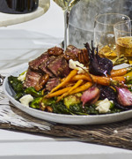 Warm Rare Beef Salad with Winter Beets, Greens & Maple Toasted Pecans