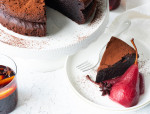 FLOURLESS CHOCOLATE CAKE WITH MULLED WINE POACHED PEARS